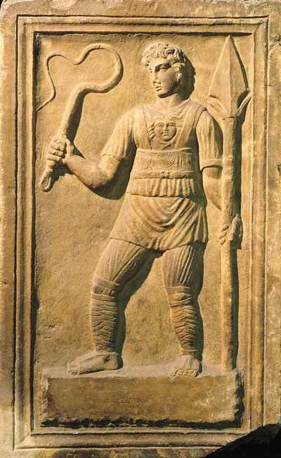 Relief, das einen Gladiator mit Peitsche und Speer darstellt von Roman